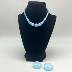 1930s Light Blue Beaded Necklace with Matching Earrings- Choker Length